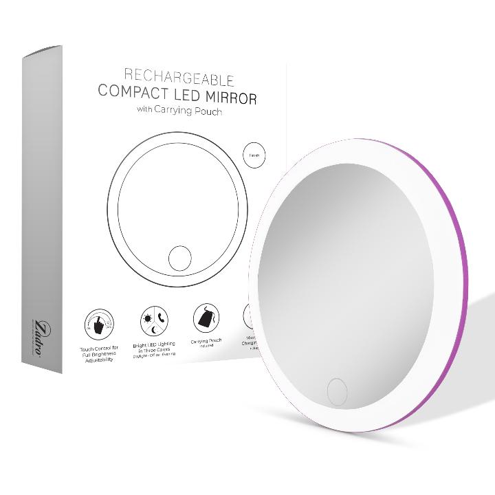 Lighted Compact Mirror with Carrying Pouch & Rechargeable