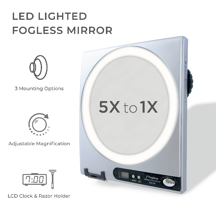 Fogless Lighted Shower Mirror with Magnification, Clock & Razor Holder