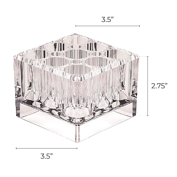 Zadro ZOR9 705004415262 product photo wiht dimensions, acrylic beauty makeup organizer - 13 compartment cube in front of a white background